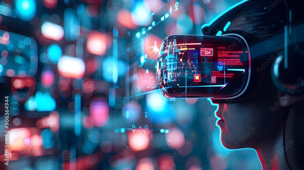 Poster futuristic virtual reality interface with floating interactive holographic elements and cyber concep