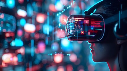 Futuristic Virtual Reality Interface with Floating Interactive Holographic Elements and Cyber Concept Background