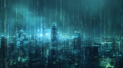 Digital Rain Falling Over Illuminated Futuristic City Skyline