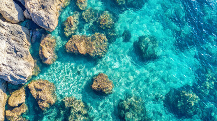 Fototapeta premium **Aerial top view of azure clear water crashing against the rocky coastline of a coral beach.**