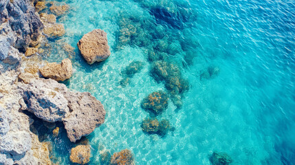 **Aerial top view of azure clear water crashing against the rocky coastline of a coral beach.**