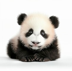 Obraz premium Cute Baby Panda Playing Among Soft Leaves in Natural Habitat