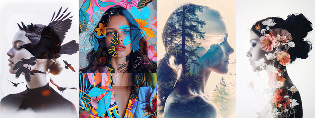 Double exposure portraits blend human forms with nature and urban elements, creating vibrant and artistic imagery perfect for fashion posters, media banners, and creative design.