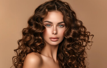 Fototapeta premium Face of fashion woman with elegance makeup, long shiny curly hairstyle and healthy skin against brown studio wall background