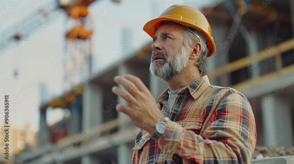 Aufkleber Engineer and foreman worker checking project at precast factory site Engineer and builders in hardhats discussing on construction site : Generative AI