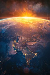 Radiant sunrise from space over Earth's geographical features