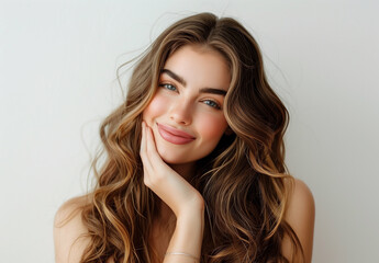 Naklejka premium Cute young woman face with fresh smooth skin close-up against studio wall background, fashion beauty portrait