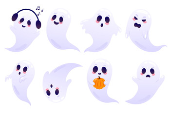 Halloween ghosts in cartoon style. Cute poltergeists vector set of illustrations