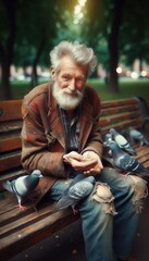 poor man feeding birds