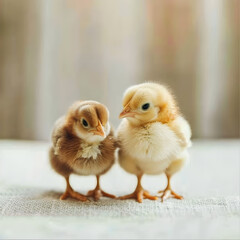 Fototapeta premium Two cute chicks are standing on a light brown rustic background