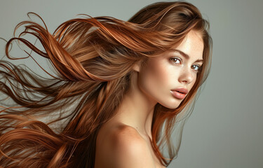Naklejka premium Posing young adult woman with beautiful natural long wavy red hair. Fashion make-up, clear fresh skin and curly hairstyle. Cosmetic, styling, shampoo, glance and hairdresser concept