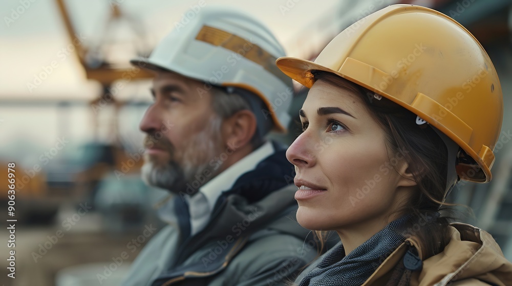 Poster Engineer and female foreman worker team checking project at precast factory site Engineer and builders in hardhats discussing on construction site : Generative AI