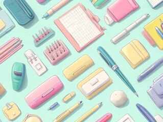 Whimsical Pastel Cartoon Pattern of Office Supplies on Soft Background