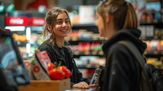 A friendly cashier helping a customer use a self-checkout machine, ensuring a smooth and hassle-free experience