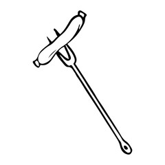 Sausages on fork for frying on fire hand drawn in doodle style. Camping food. Vector line art illustration.