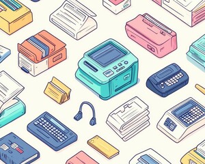 Quirky Pastel Pattern of Cartoon Printers, Fax Machines, and Files for Work Theme
