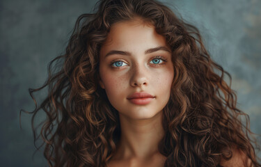 Naklejka premium Young brunette beauty woman with natural make-up and wavy hair