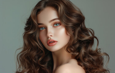 Fototapeta premium Elegant female model with fresh clean skin, natural makeup and long wavy hairstyle posing on studio background. Coiffure, cosmetic and hair care concept