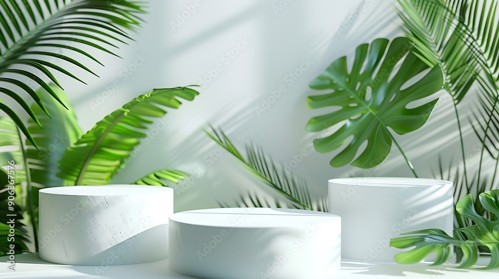 Poster creative concept of minimalism with leaf and plaster podium blank space on white podiums for present