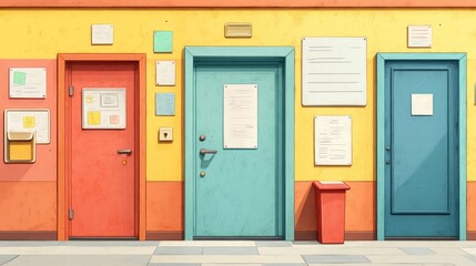 Naklejka premium Playful Pastel Office Decor Seamless Pattern with Doors, Windows, and Notice Boards