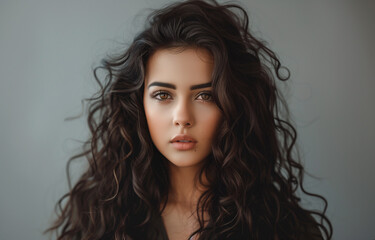 Fototapeta premium Nice female model with fresh clean skin, natural makeup and long wavy hairstyle posing on studio background. Coiffure, cosmetic and hair care concept