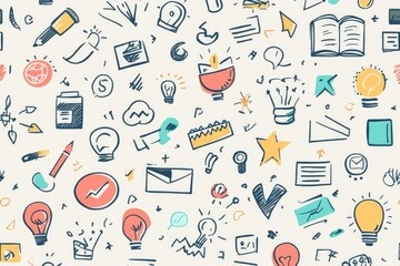 Seamless Pastel Cartoon Pattern of Teamwork, Brainstorming, and Collaboration Icons on Light Background