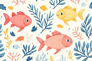 Fototapeta premium Playful Underwater Cartoon Pattern with Pastel-Colored Fish, Coral, and Seaweed Repeat Design