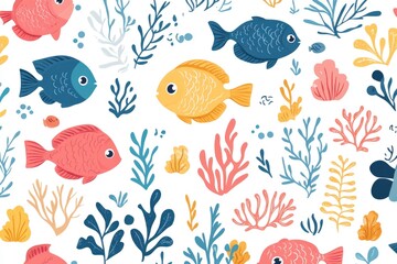 Obraz premium Underwater Wonderland - Adorable Cartoon Pattern of Pastel-Colored Fish, Coral, and Seaweed in a Repeat Design