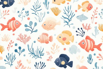 Playful Underwater Delight - Cartoon Pattern with Pastel Fish, Coral, and Seaweed Repeating Design