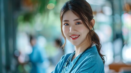 Beautiful Asian female doctor with a stethoscope smile looking at camera cross armNurses wear scrub smile with heartwarming comfortablePositive emotional and good momentHealth Care Con : Generative AI