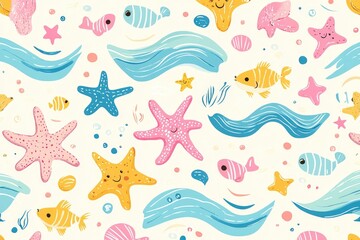 Playful Underwater Delight - Pastel Pattern with Charming Sea Stars, Fish, and Waves in Repetitive Design