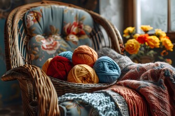 Obraz premium Cozy Corner with Colorful Yarn and Floral Accents