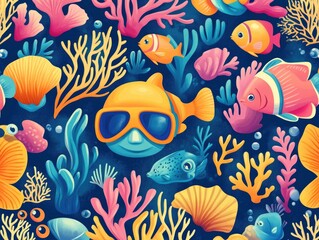 Naklejka premium Dive into the Underwater World: Whimsical Cartoon Pattern of Pastel Diving Gear, Coral Reefs, and Fish in a Repetitive Design