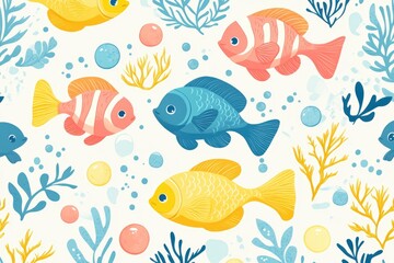Naklejka premium Underwater Paradise - Seamless Pastel Cartoon Pattern with Tropical Fish, Sea Plants, and Bubbles on Light Background