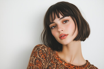 cute French bob hairstyle, on a brunette woman with bangs, wearing natural makeup and a brown patterned top, looking at the camera against a white background
