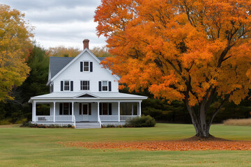 white New England home with an autumn maple tree in front, real estate