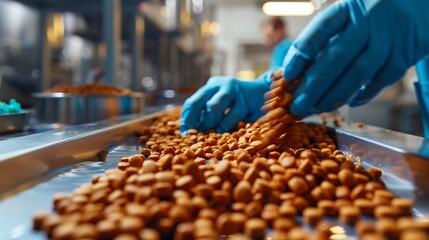 Fototapeta premium Quality control personnel are inspecting the quality of pet food Quality control process in pet food industry : Generative AI