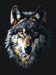 Naklejka premium Lifelike illustration of a watchful wolf in darkness