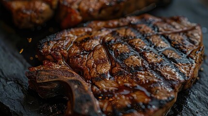 Juicy grilled steak with beautiful sear marks on a black slate plate, perfect for a delicious meal presentation.
