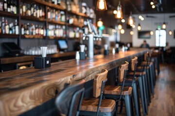 Stylish Modern Bar Interior With Long Wooden Counter and Ambient Lighting