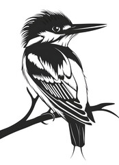 Black silhouette of Kingfisher bird illustration icon for logo, isolated on white background