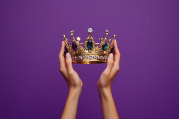 hands holding up an ornate crown against a solid smooth isolated purple background, symbolizing the concept of nobility and things that make you feel like king , a minimalist poster design 