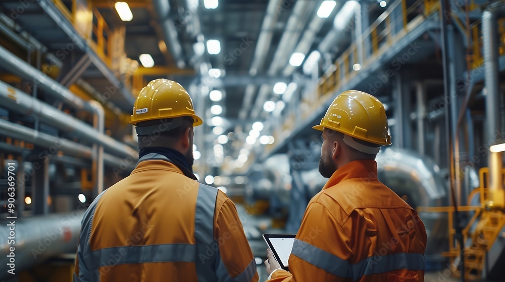Aufkleber heavyduty industrial engineers stand in a pipeline manufacturing facility using digital tablet compu