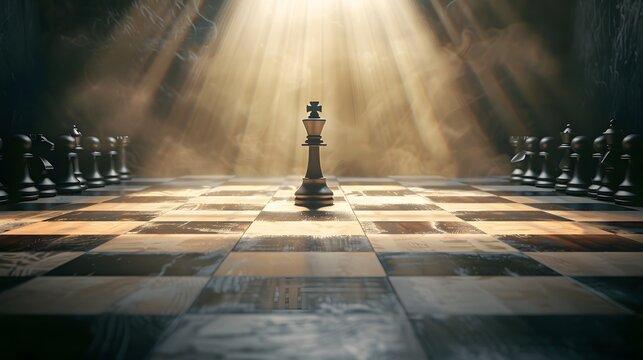 Artistic depiction of a chessboard with a spotlight on the king, emphasizing the role of leadership and strategy in achieving business success and outmaneuvering competitors