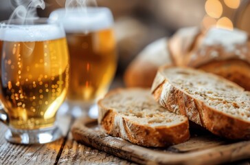 Freshly Baked Bread and Beer on a Rustic Wooden Table in a Warm Evening Setting