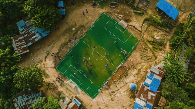 A football fanatics setting up a makeshift pitch in a rural village, sharing the love of the game and promoting community spirit through grassroots initiatives. The sport unites.