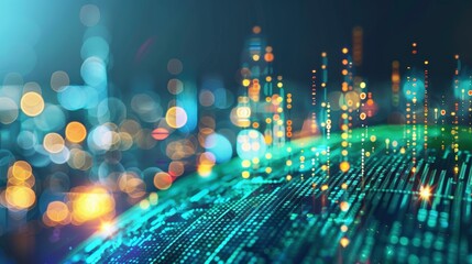 Fototapeta premium Abstract futuristic cityscape with glowing lights and circuit board texture. Perfect for technology, innovation, and urban themes.