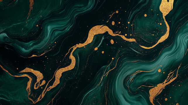 Processed collage featuring emerald green and gold marble textures. This background is ideal for use in banners, backdrops, or 3D mapping applications.
