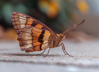 Obraz premium A Close Up of a Brown Butterfly on a Gray Surface