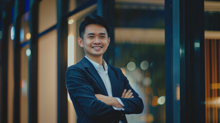 Fototapeta premium A young professional in a suit stands confidently with crossed arms in an urban setting with soft evening lights.